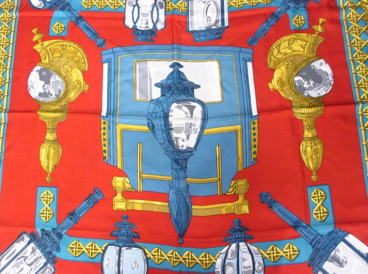 Vintage Hermès Carre Silk Scarf — Light Brick Red, Blue and Gold