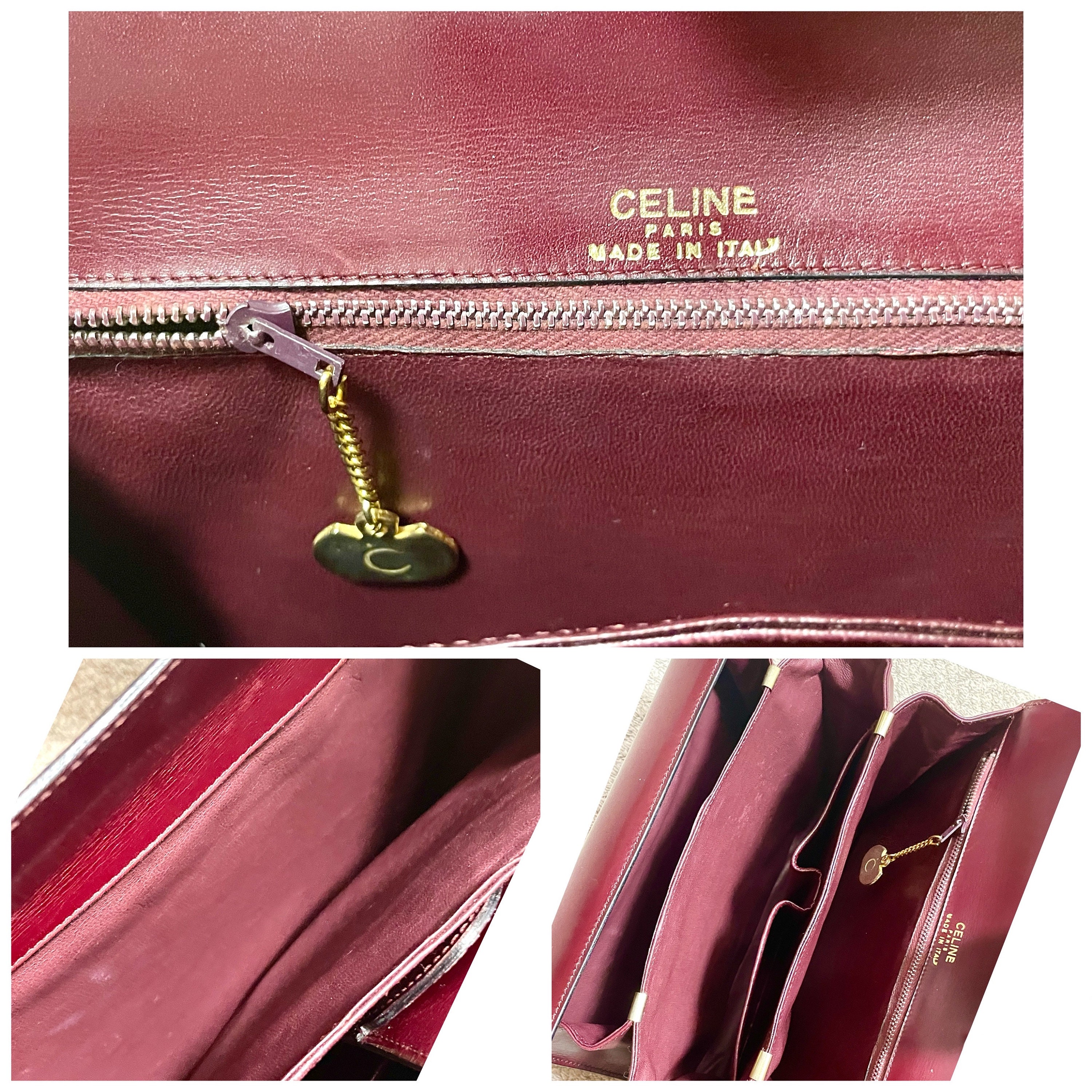 Vintage CELINE Bordeaux Leather Shoulder Bag With Gold-tone