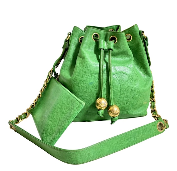 Vintage CHANEL Green Caviar Leather Hobo Bucket Shoulder Bag 