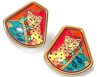 Vintage HERMÈS Cloisonné Fan-Shaped Earrings | Leopard & Panther Design | Orange-Red Enamel | Classic 90s Hermès Jewelry | 071203m1
