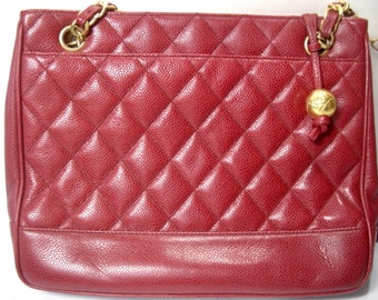 Vintage CHANEL Cherry Red Caviar Leather Quilted Shoulder Bag 