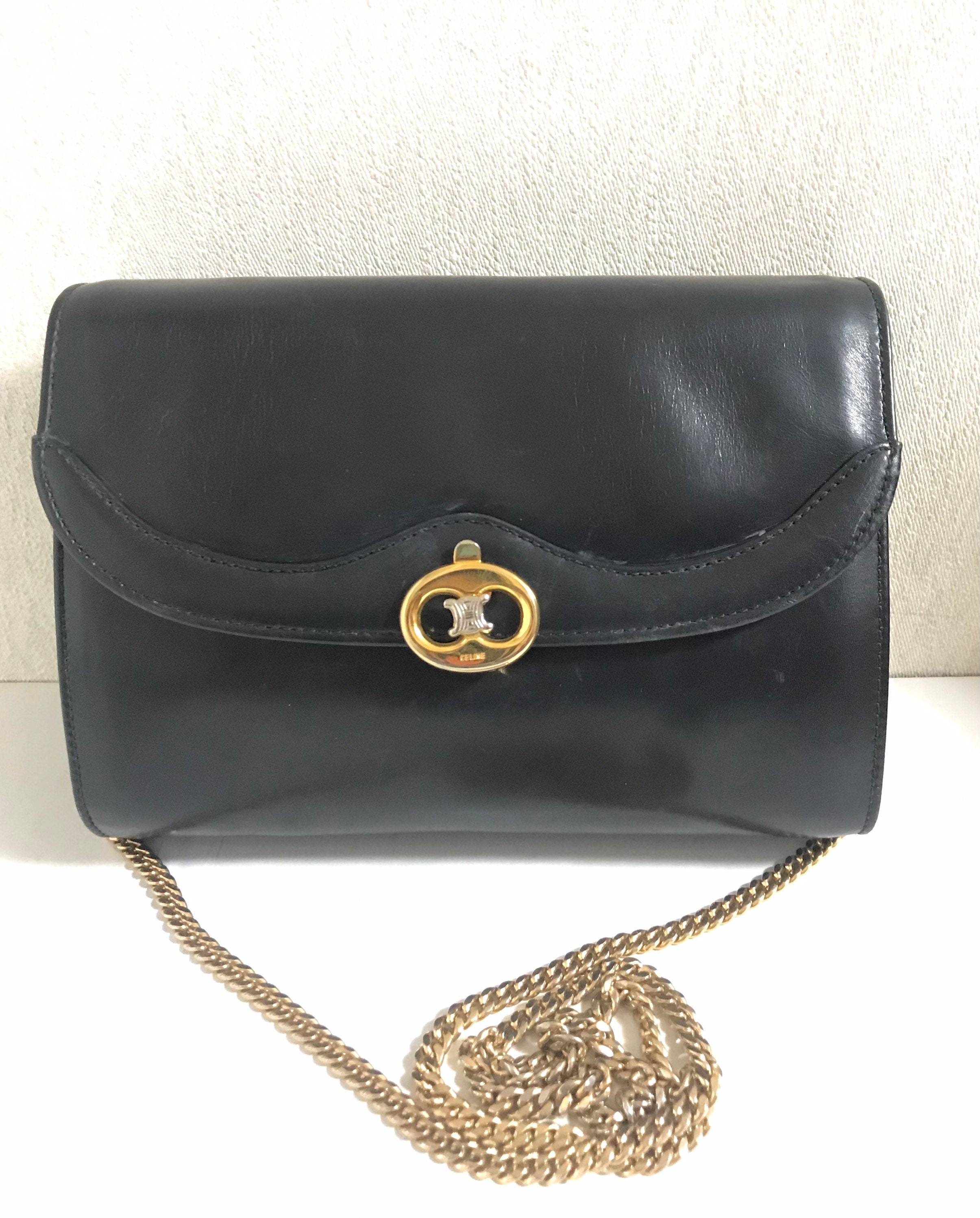 Celine Black Leather Trifold Chain Clutch