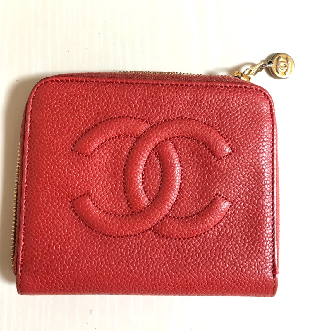 Vintage CHANEL Red Caviar Leather Round Zip Wallet With Stitched