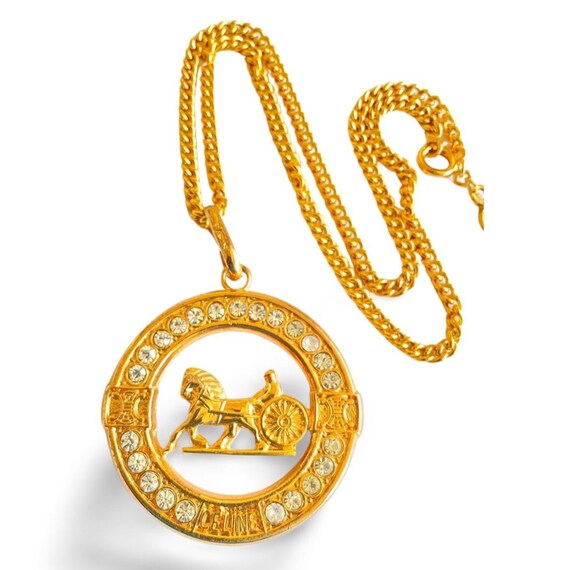 ✨良品✨CELINE ♡ Vintage ♡ necklace 1990s Vintage CELINE Gold Chain Necklace With Crystal Triomphe