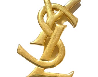 Vintage 1990s Yves Saint Laurent YSL Logo Gold-Tone Brooch Pin – Classic Designer Jewelry | Iconic Statement Piece | 070708ac