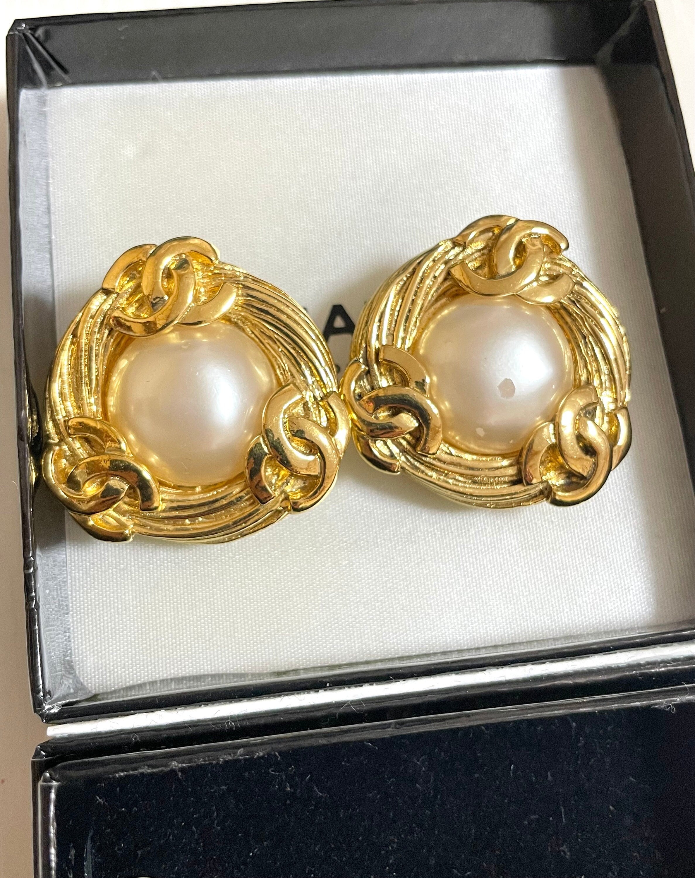 Vintage CHANEL Golden Round Shape Faux Pearl Earrings With 