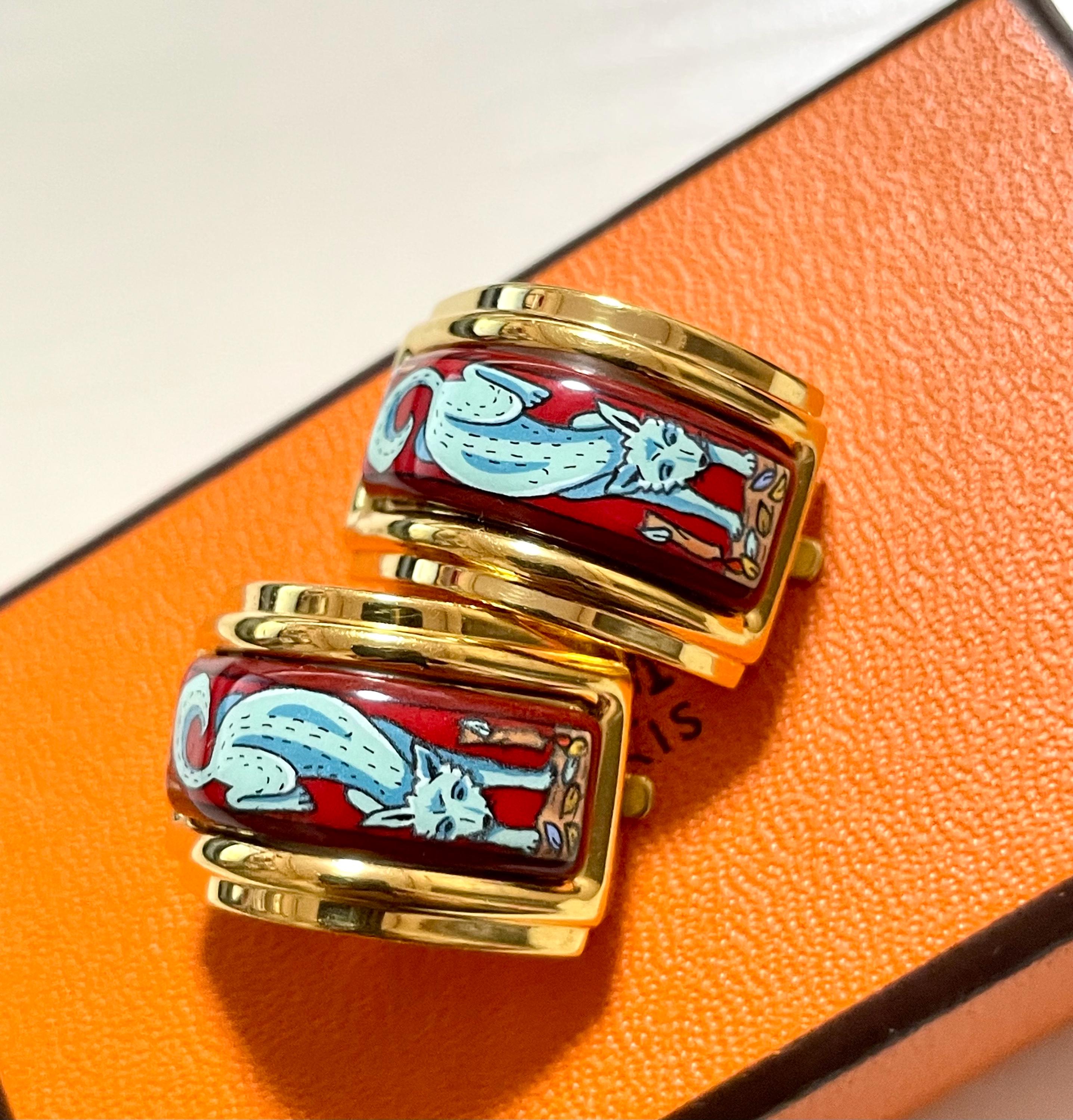 Vintage Hermes Cloisonne Enamel Golden Earrings With Blue Fox