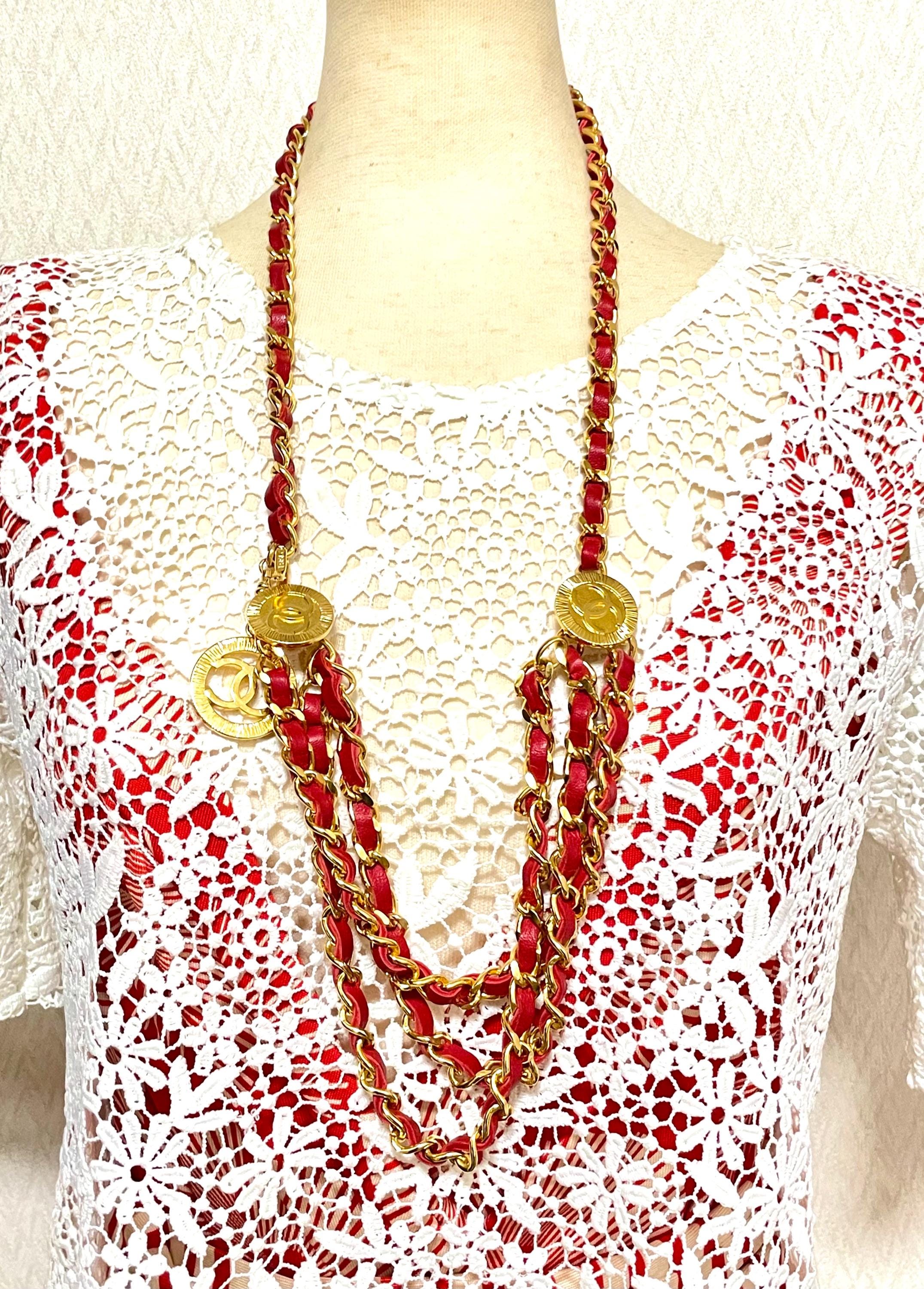 Vintage CHANEL Triple Layer Red Leather Chain Belt With CC Charms