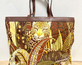 Vintage Salvatore Ferragamo Leopard Safari Jungle Print Brown Leather Tote Bag Shoulder Bag. Made in Italy. 080515ys4