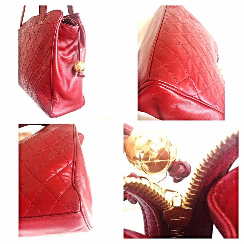 Vintage CHANEL deep red color classic quilted lamb leather tote bag with golden CC ball charm. Large size purse for daily use.050316r1 Bild 4