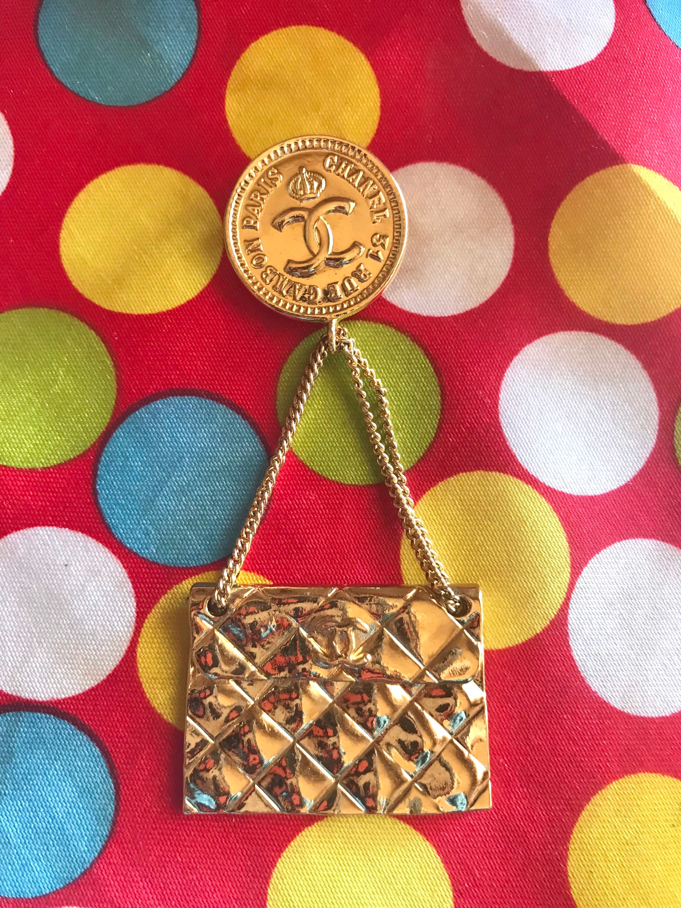MINT 1990s Vintage CHANEL 2.55 Bag Motif Brooch With CC Charms