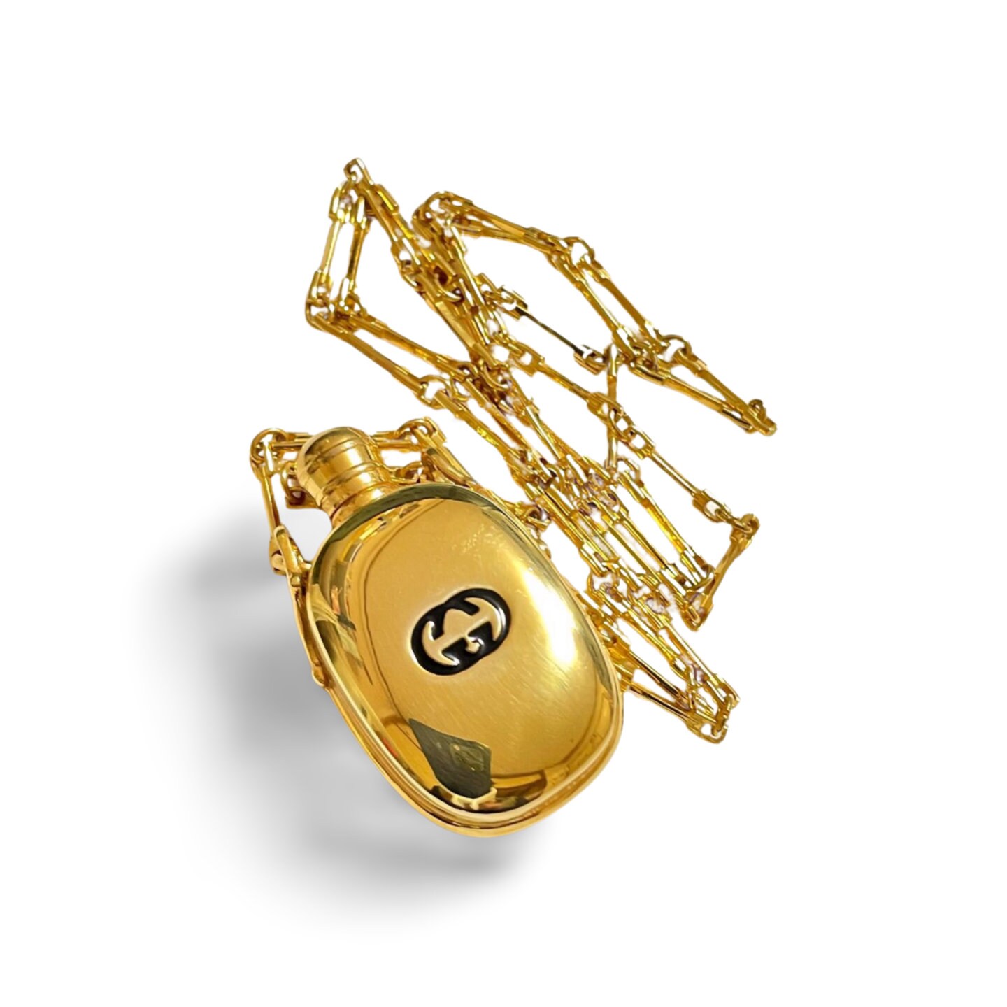 Vintage Gucci Golden Perfume Bottle Necklace With Logo Mark