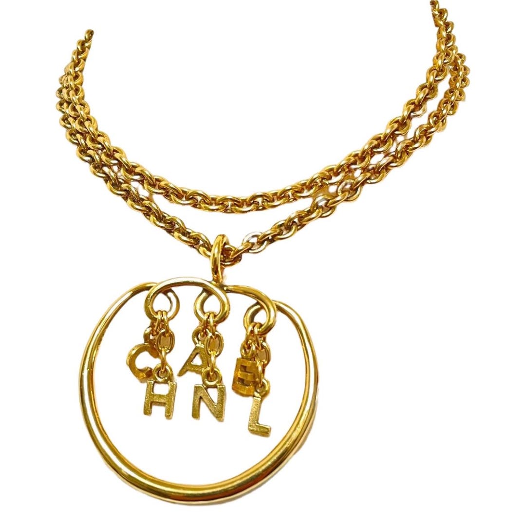 Vintage CHANEL Golden Long Chain Necklace With Round Logo Letter
