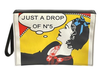 Vintage CHANEL patent enamel clutch bag, wristlet in mademoiselle portrait, Just a drop of Number 5, in black, yellow, and red.  050907rk1