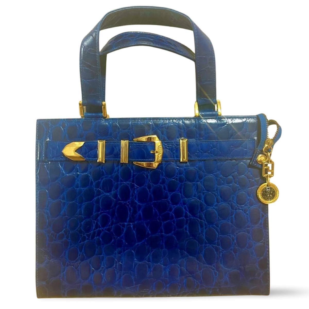 Vintage VERSACE Croc Embossed Blue Leather Handbag With Gold Tone