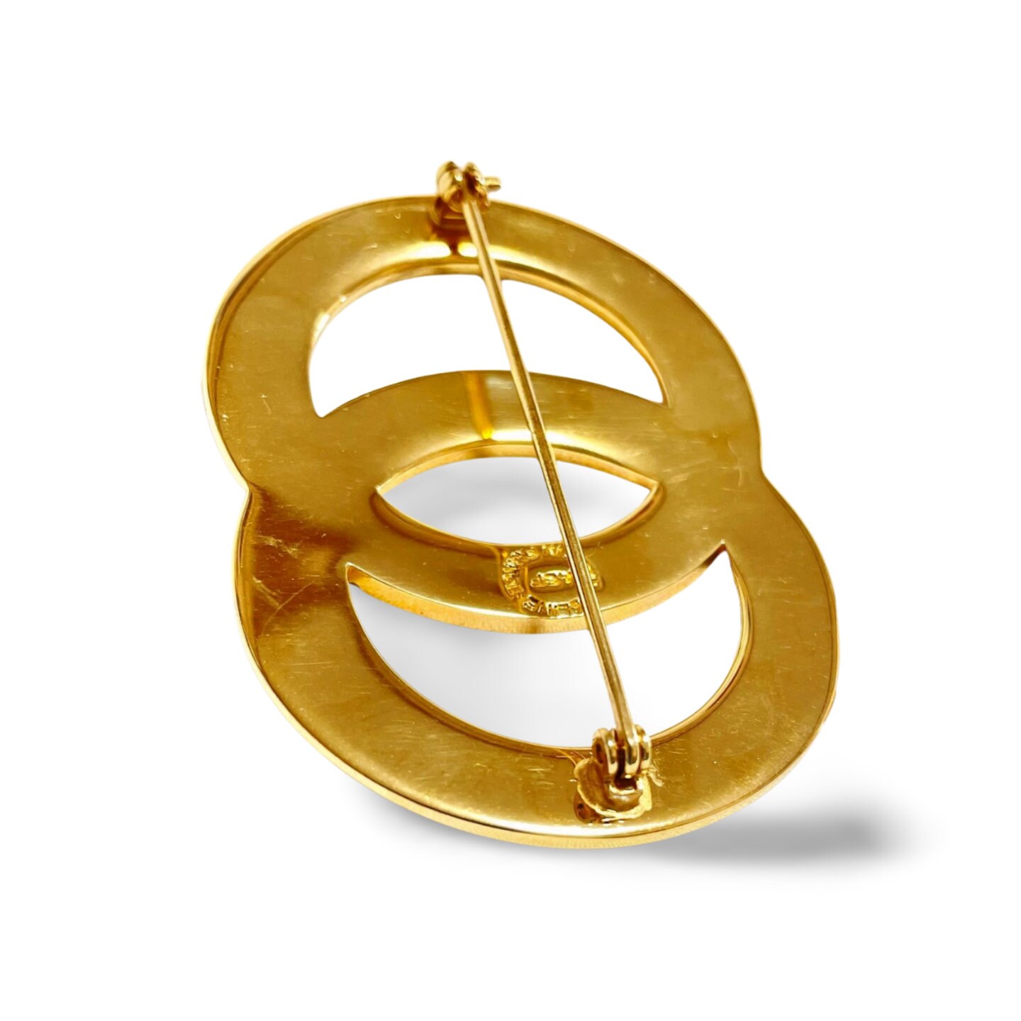 Vintage CELINE Double Circle Gold Tone Brooch With Embossed Logo
