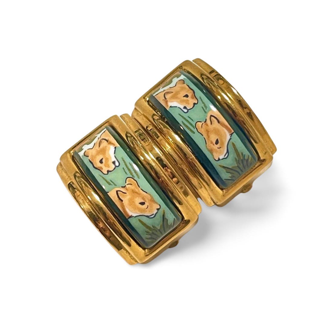 Vintage Hermes Cloisonné Ceramic Enamel Golden Earrings With 2