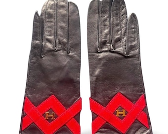 MINT Vintage HERMÈS Black Lambskin Leather Gloves with Gold Tone H Logo and Red Triangle Stitch Design | Size 7.5 | Rare 1990s Gift Piece