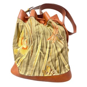 Vintage Salvatore Ferragamo Bird and Dragonfly Print Brown Leather