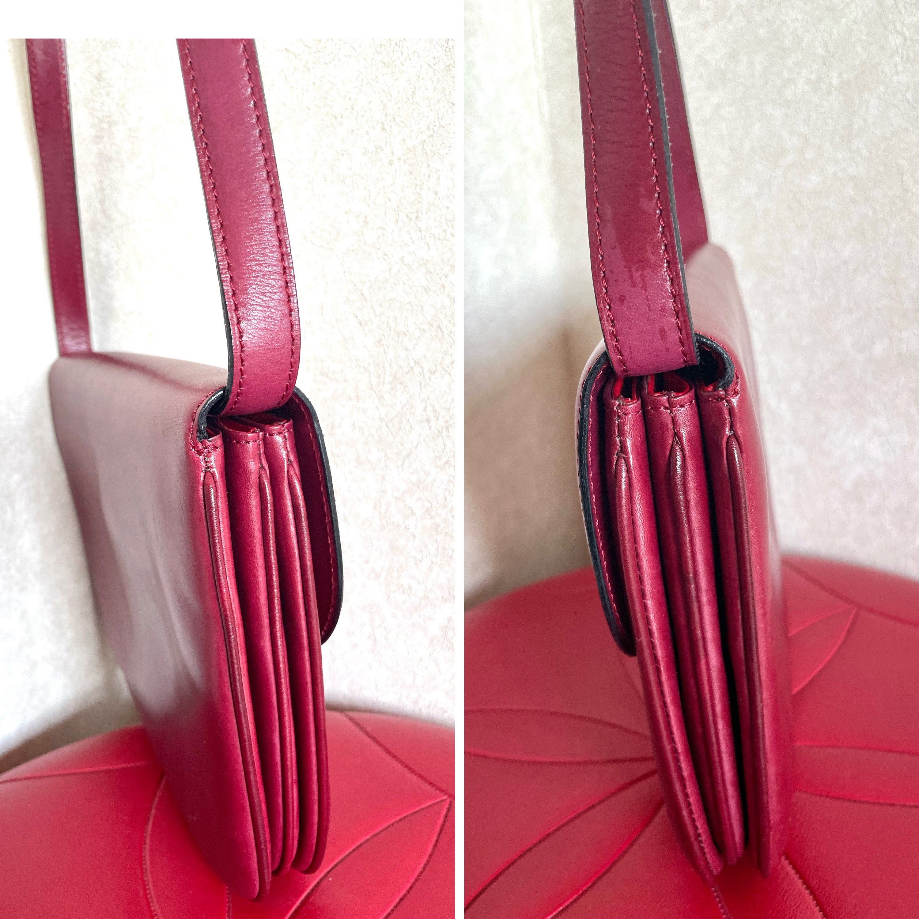 MINT. Vintage Celine Wine Red Leather Triomphe Shoulder Bag