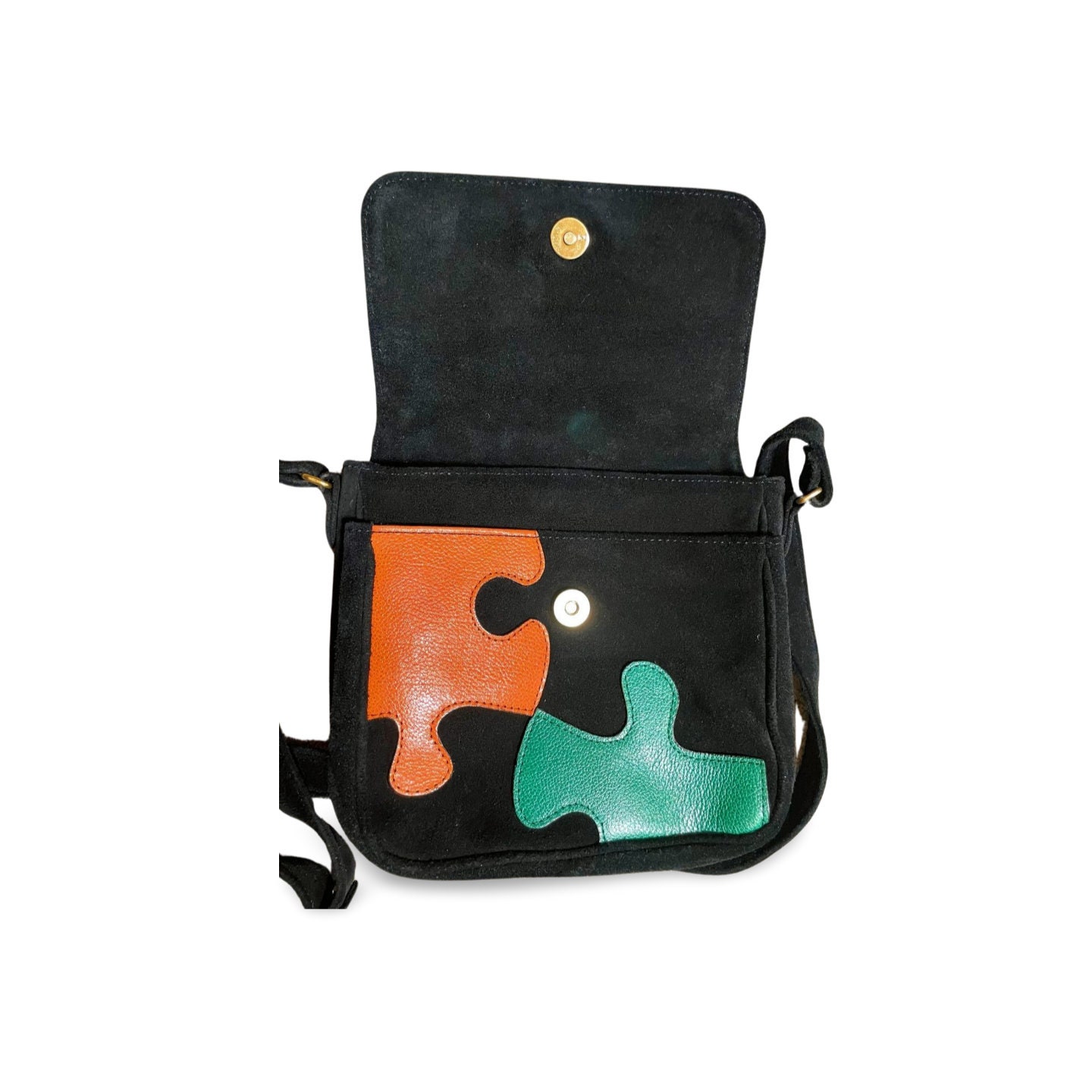 美品 ✧*。 MOSCHINO マフラー✧*。 Vintage MOSCHINO Black Suede and Colorful Jigsaw Puzzle