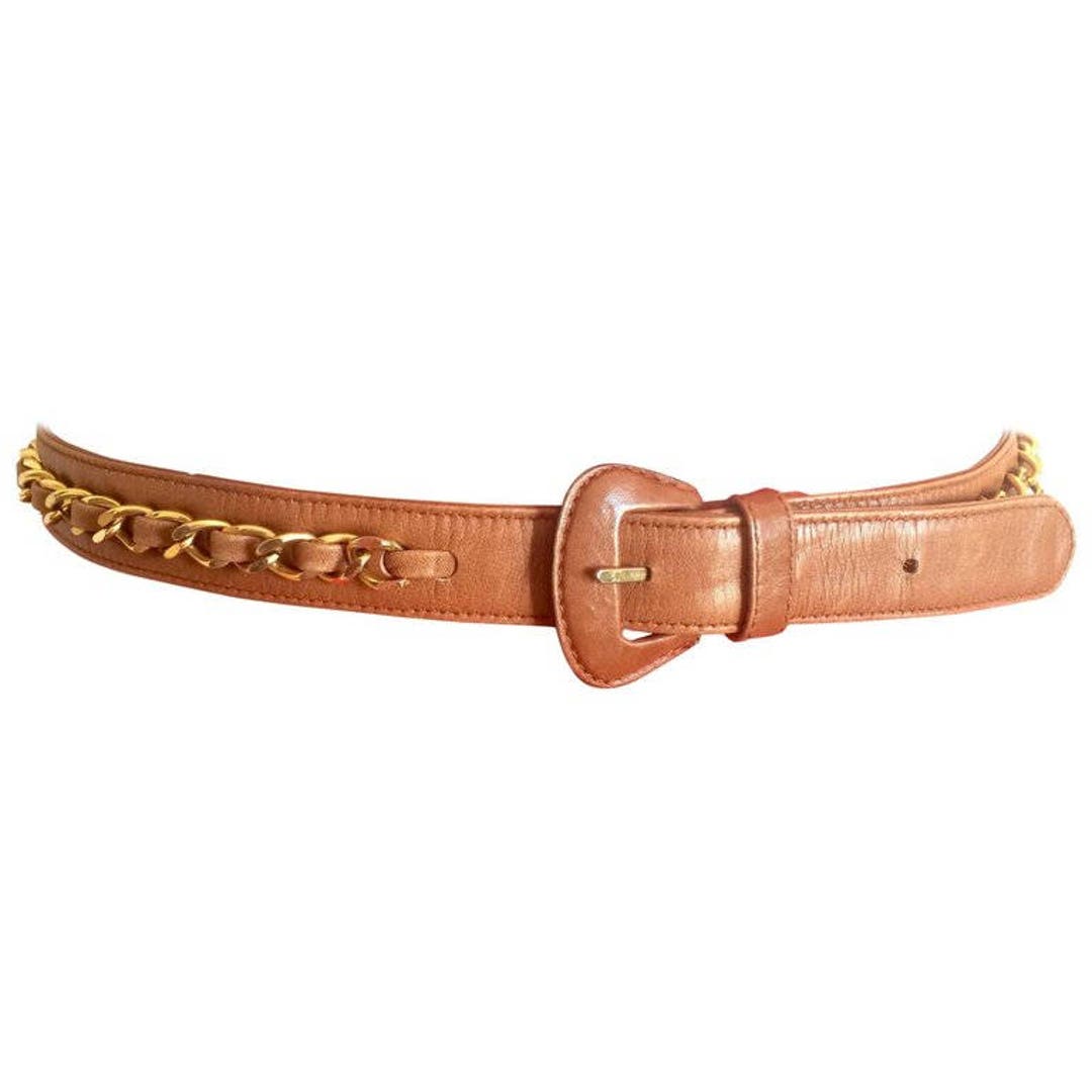 1980s Vintage CHANEL Brown Leather Belt With Gold Tone Chains