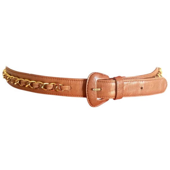 1980s Vintage CHANEL Brown Leather Belt With Gold Tone Chains