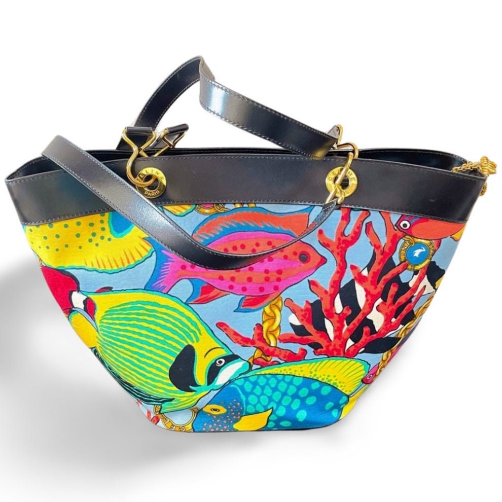 希少✨Vintage Celine Tropical Fish Tote Bag 1990s Vintage CELINE Canvas & Leather Tote Bag With Tropical Fish