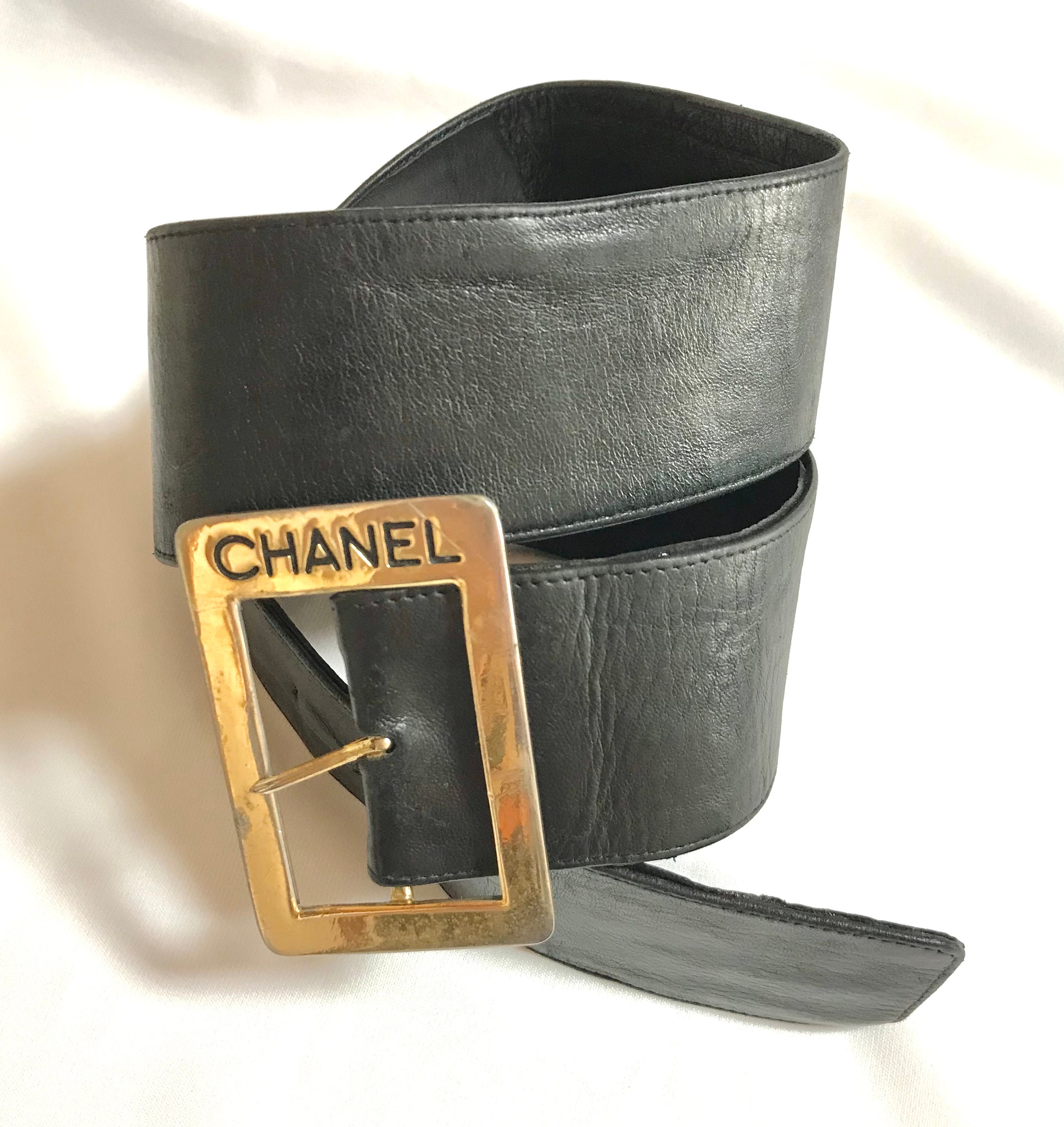 Vintage CHANEL Black Leather Belt With Golden CHANEL Buckle. 
