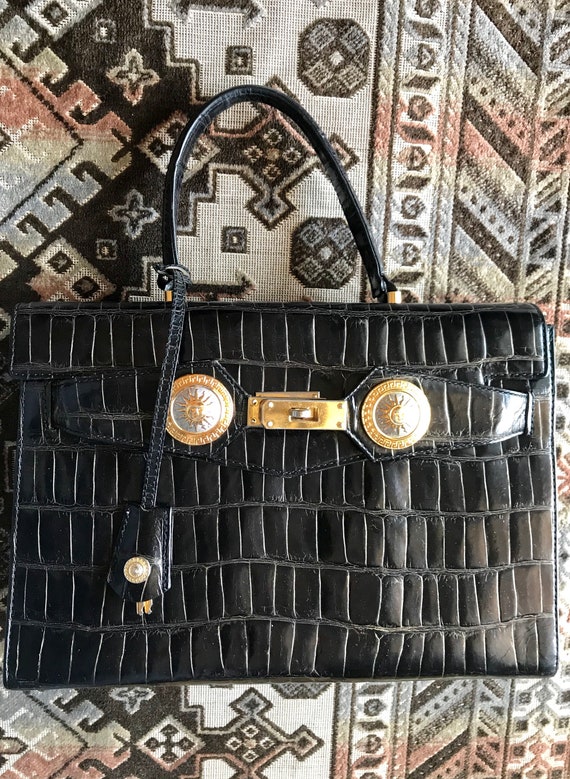 Vintage Gianni Versace Black Croc Embossed Leather Kelly Style Bag with Medallion Sunburst Motifs. Gorgeous Masterpiece. 050816f1
