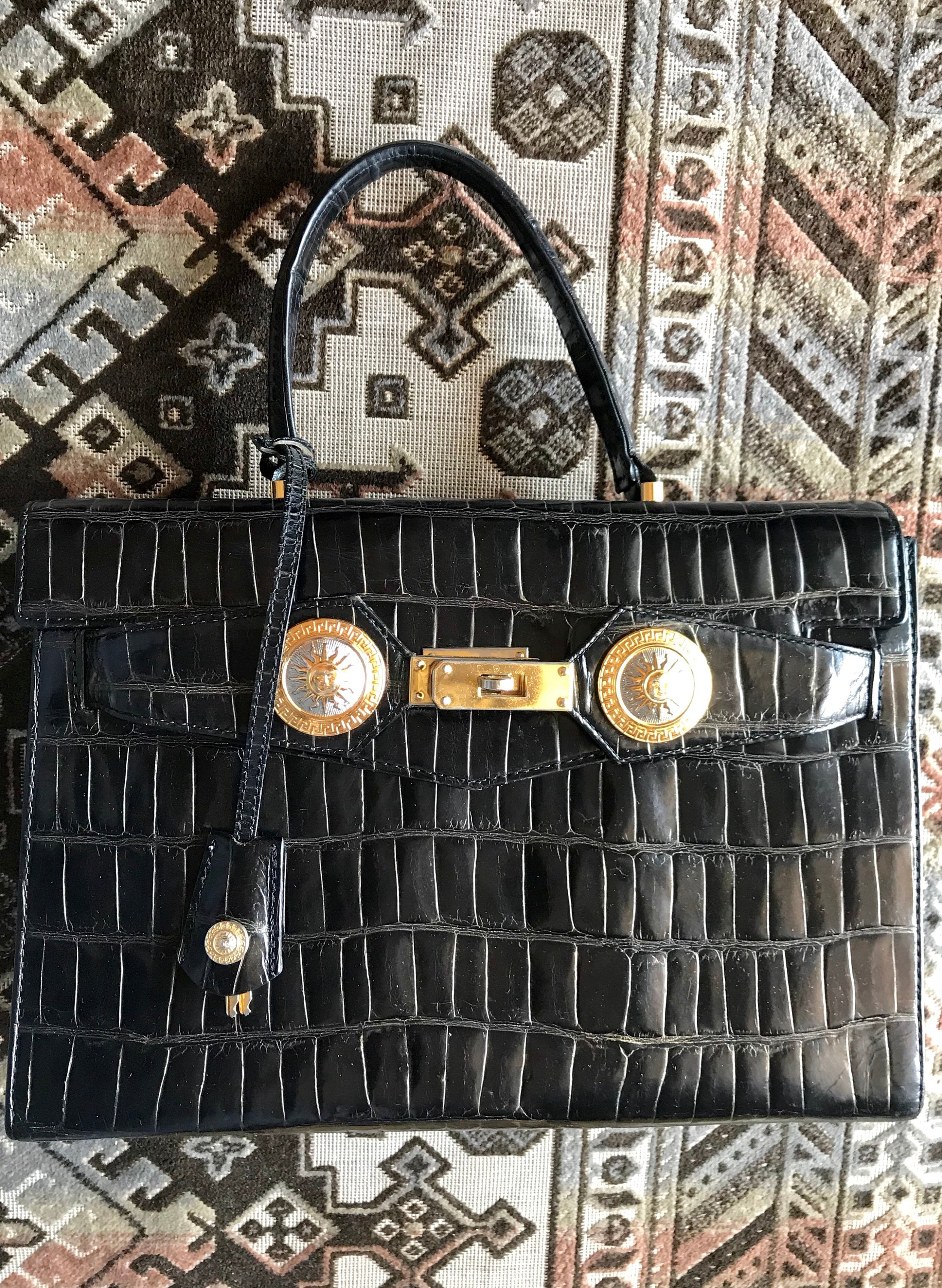 Vintage Gianni Versace Bag Black Natural Leather Embossed 