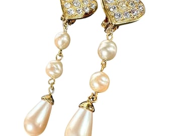 Vintage Heart Rhinestone & Faux Pearl Drop Earrings. Romantic Statement Jewelry. Gold Tone Clip-On Earrings. 080612k1ys
