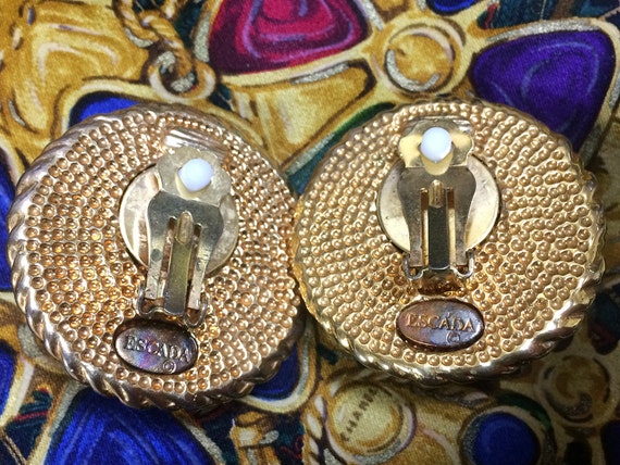Vintage ESCADA extra large round golden earrings with heart faux pearl and rhinestones. 05062811