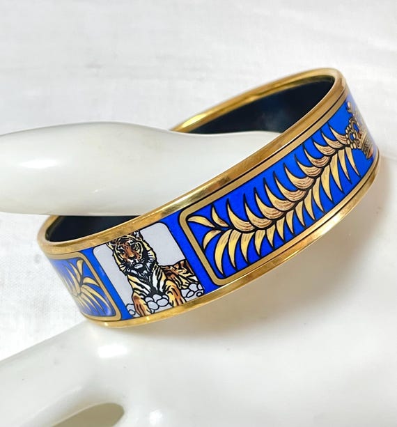 Vintage Hermes Blue Cloisonne Enamel Golden Thick Bangle