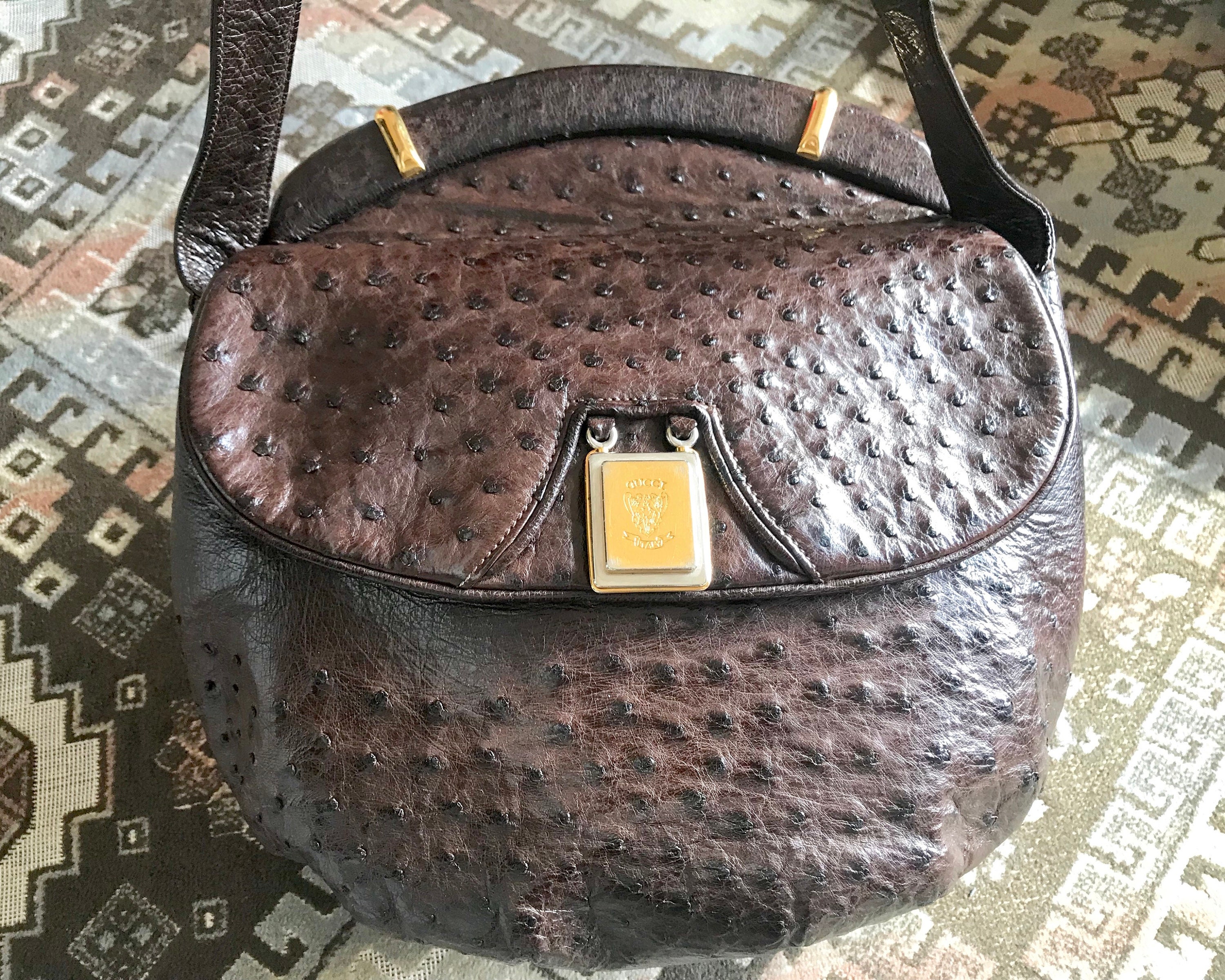 Vintage GUCCI Dark Brown Genuine Ostrich Leather Fisherman Bag 