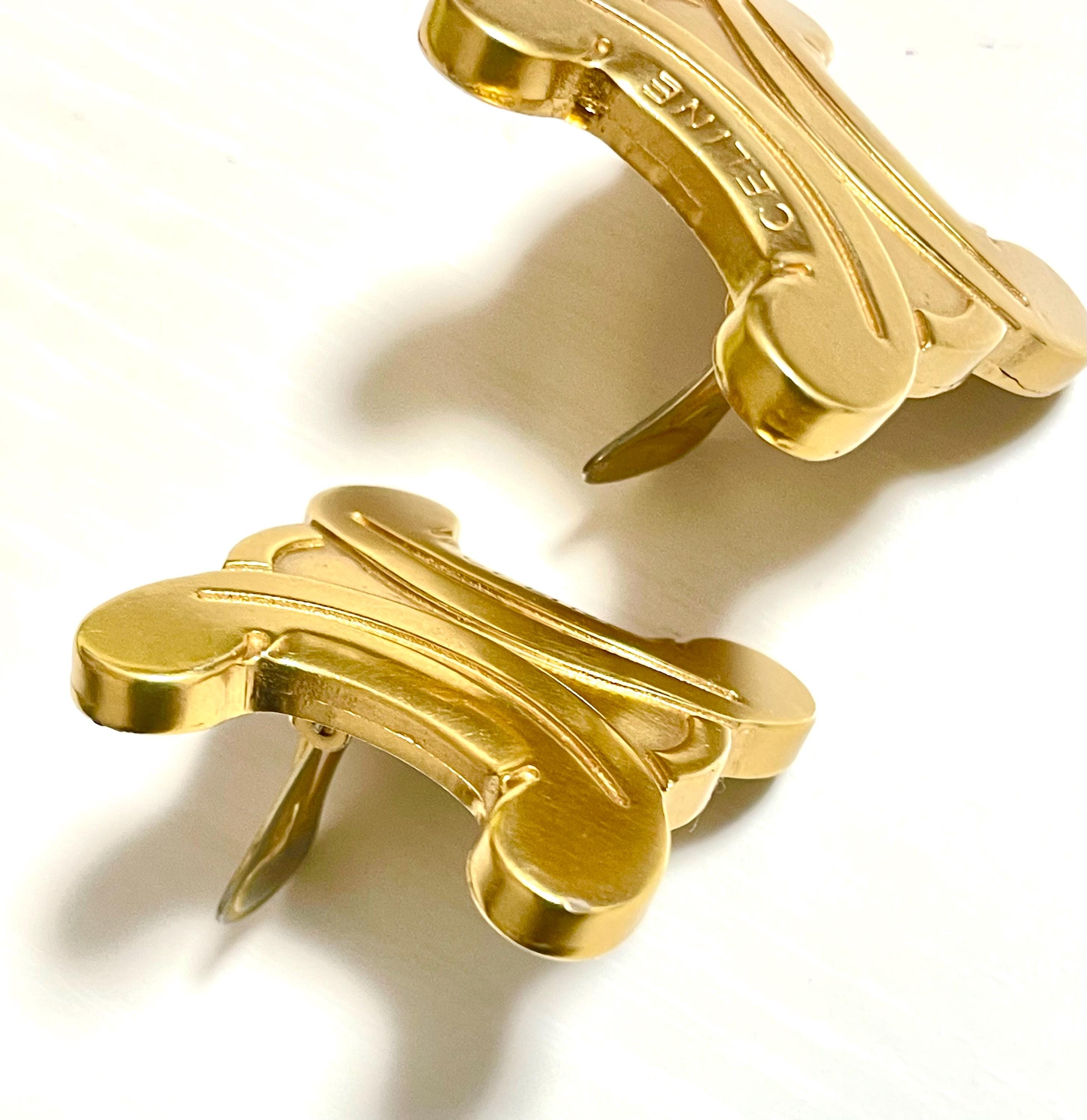 1990s Vintage Celine Gold Earrings With Extra Large Triomphe Logo 
