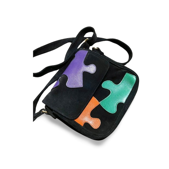 バッグ 00s archive MOSCHINO shoulder bag grunge Vintage MOSCHINO Black Suede and Colorful Jigsaw Puzzle