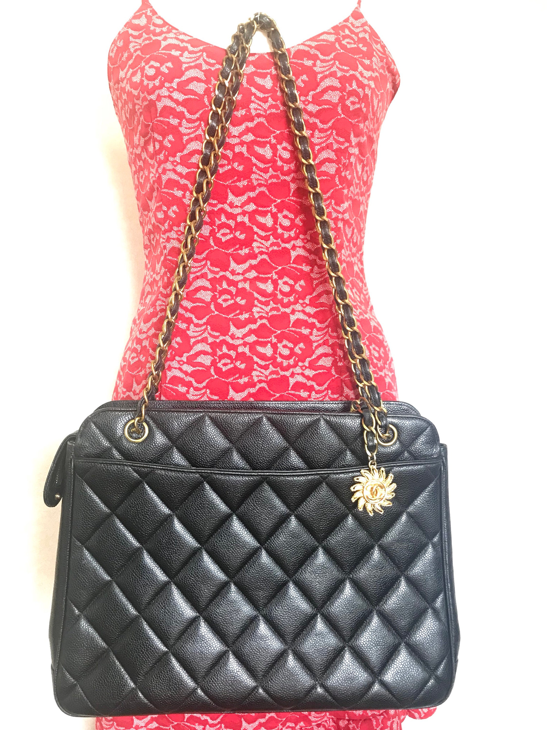 Chanel Matelasse Quilted Black Shimmer Leather Chain Shoulder Tote Bag