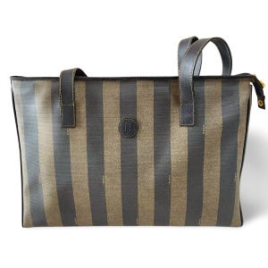 Vintage FENDI classic pecan stripe pattern large shopper tote bag with black leather handles. Daily use purse for Unisex. 070408re2