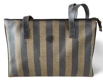 Vintage FENDI Pecan Stripe Large Shopper Tote Bag | Black Leather Handles | Classic Unisex Daily Tote | Iconic Fendi Logo | 070408re2