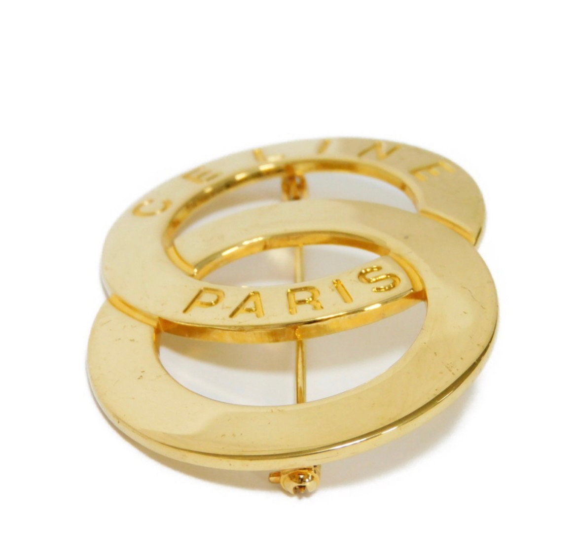 Vintage CELINE Double Circle Gold Tone Brooch With Embossed 