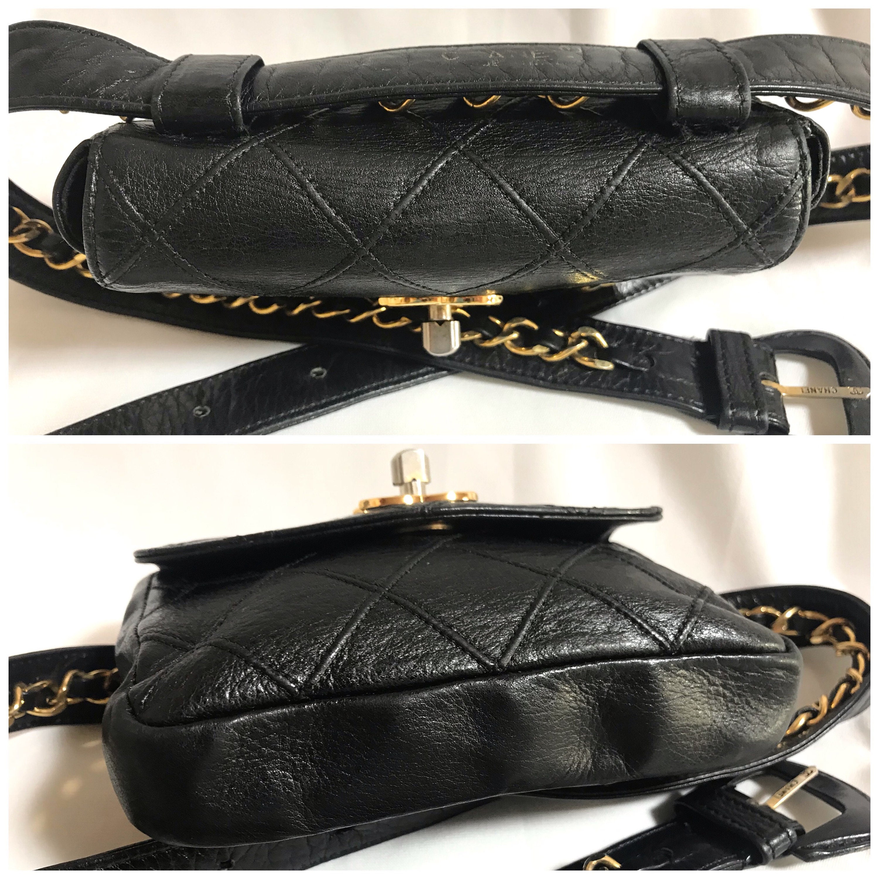 Chanel Vintage Black Leather Waist Purse, Fanny Pack With Golden Chain Belt  And Cc Closure Hock