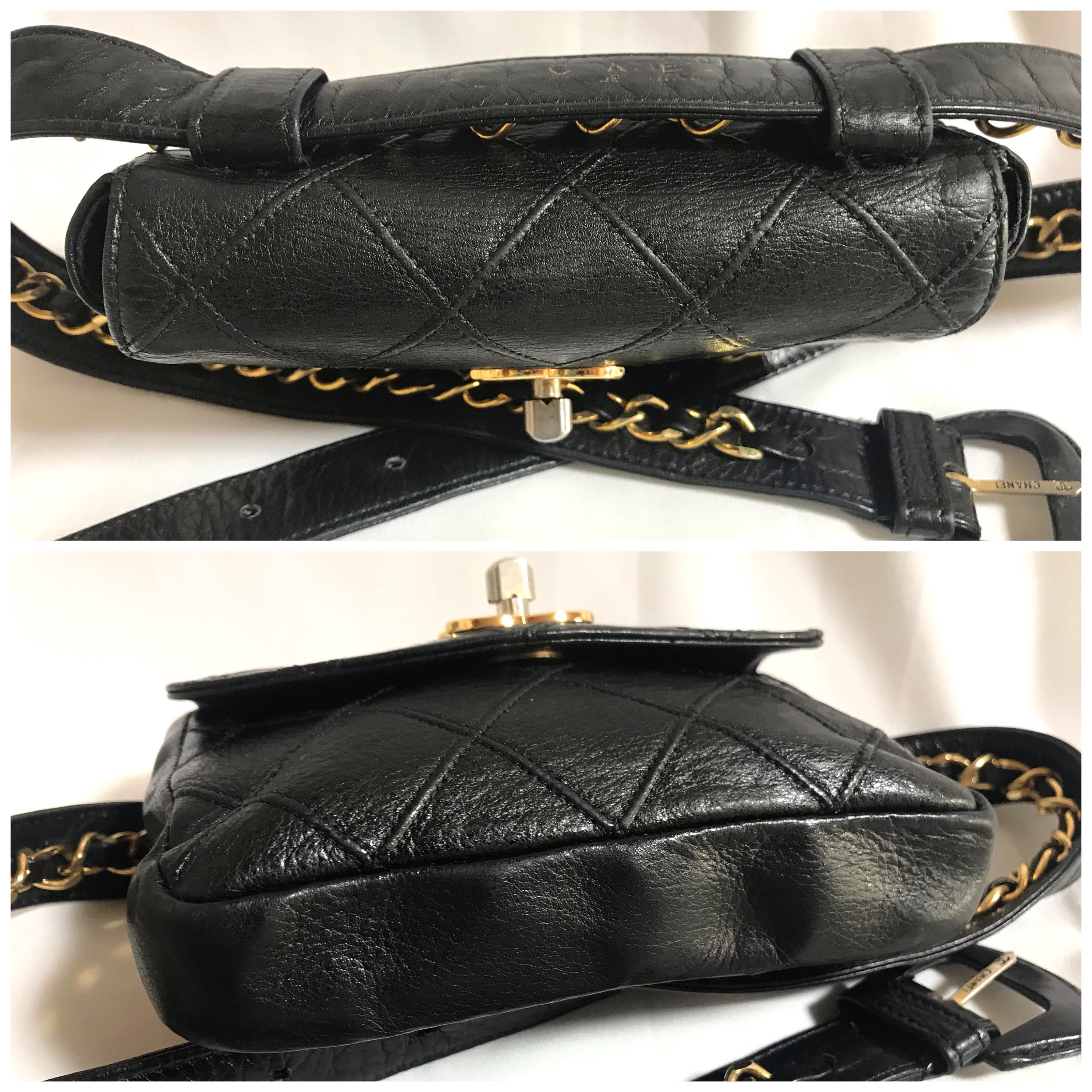 【CHANEL】vintage v shape cowhide belt bag★V シェイプ 牛革 Vintage CHANEL Black Leather Waist Purse, Fanny Pack With