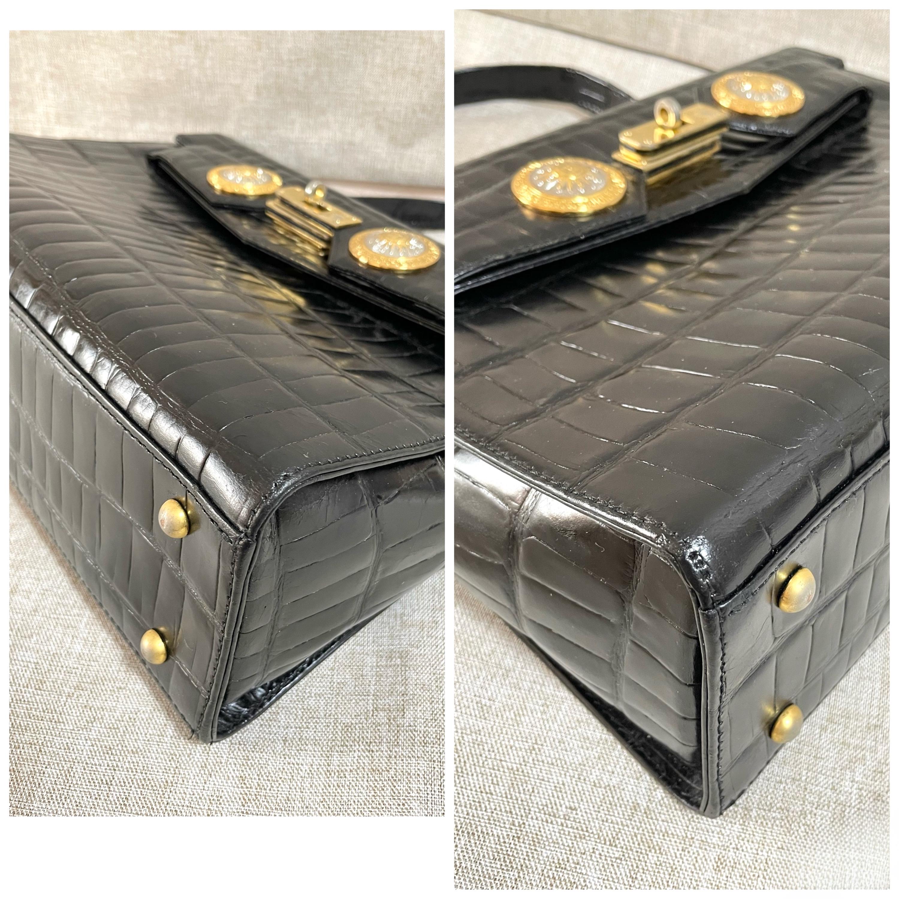 Vintage Gianni Versace Black Croc Embossed Leather Handbag With