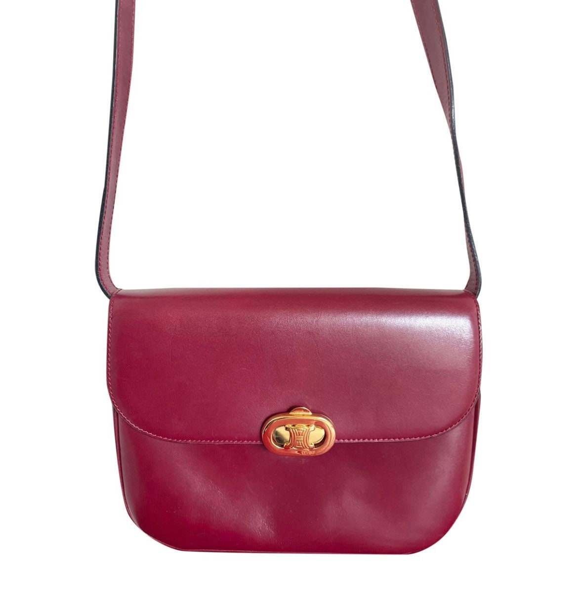 MINT. Vintage Celine Wine Red Leather Triomphe Shoulder Bag 