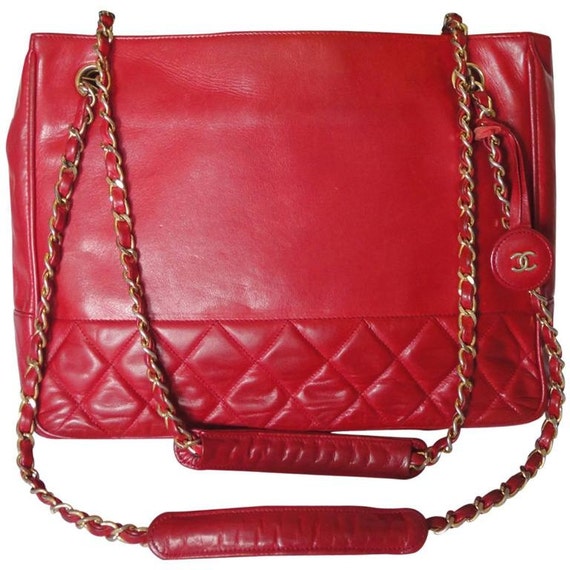 Vintage Chanel Mini Chain Tote Bag Red Lambskin Gold Hardware