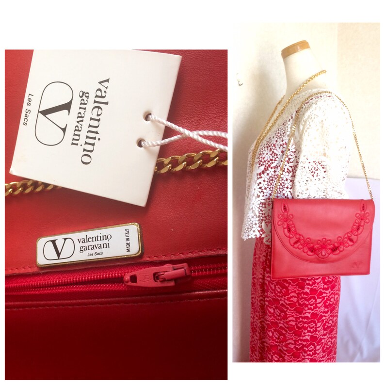 May include: A red leather shoulder bag with a gold chain strap and floral embroidery. The bag has a zipper closure and a label that reads "valentino garavani Les Sacs" and "Made in Italy".