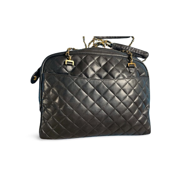 Vintage CHANEL Black Lamb Leather Large Bag With Double Golden