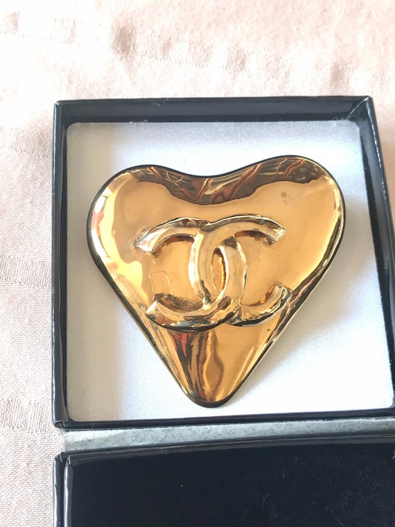 Chanel Light Gold Crystal Heart CC Brooch