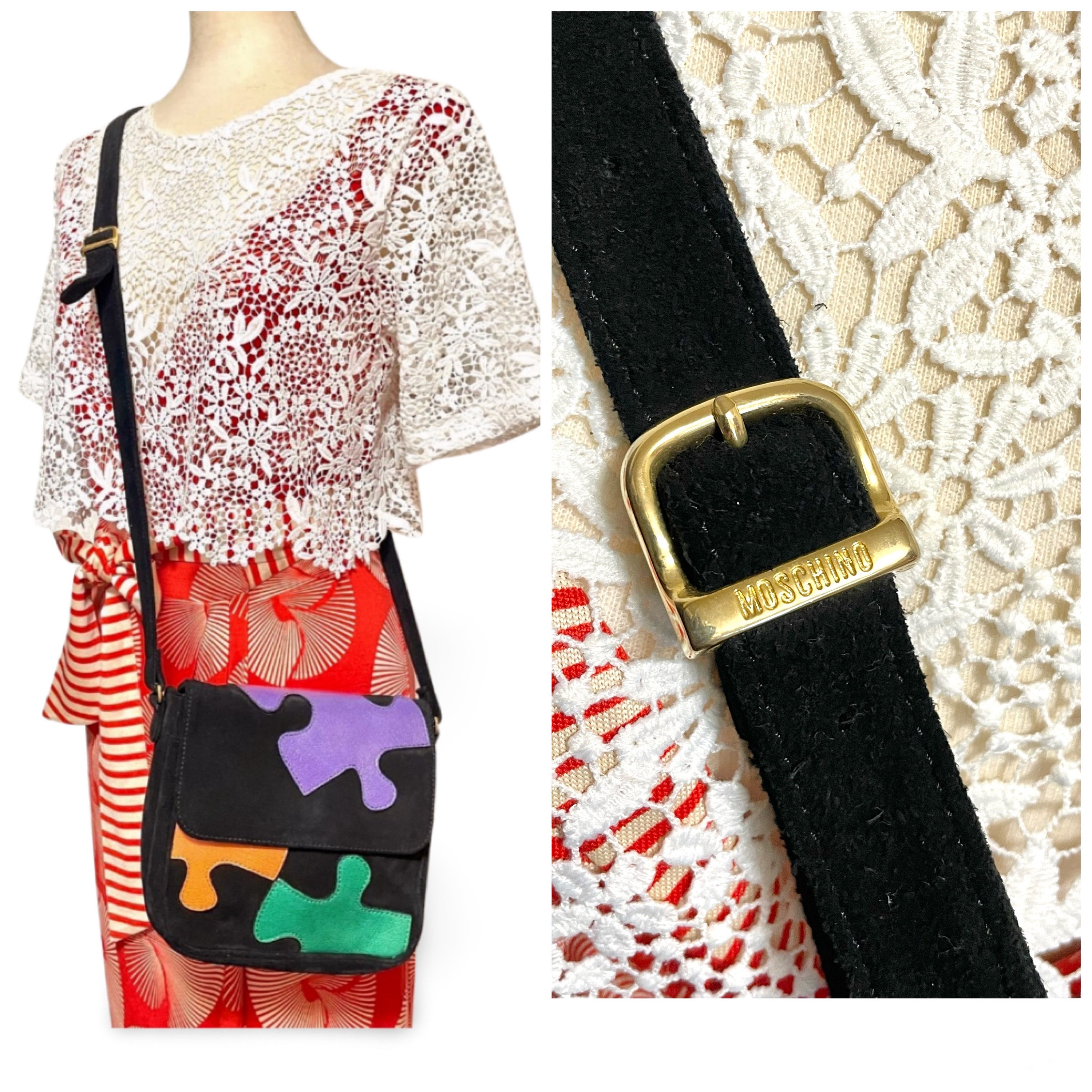 Vintage Moschino black leather shoulder bag with golden cute